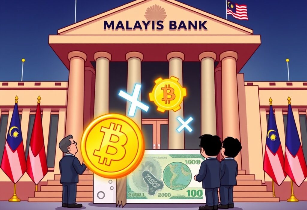 A cartoon illustration showing the Malaysian Central Bank considering Bitcoin and XRP as new monetary alternatives, symbolizing cryptocurrency adoption.