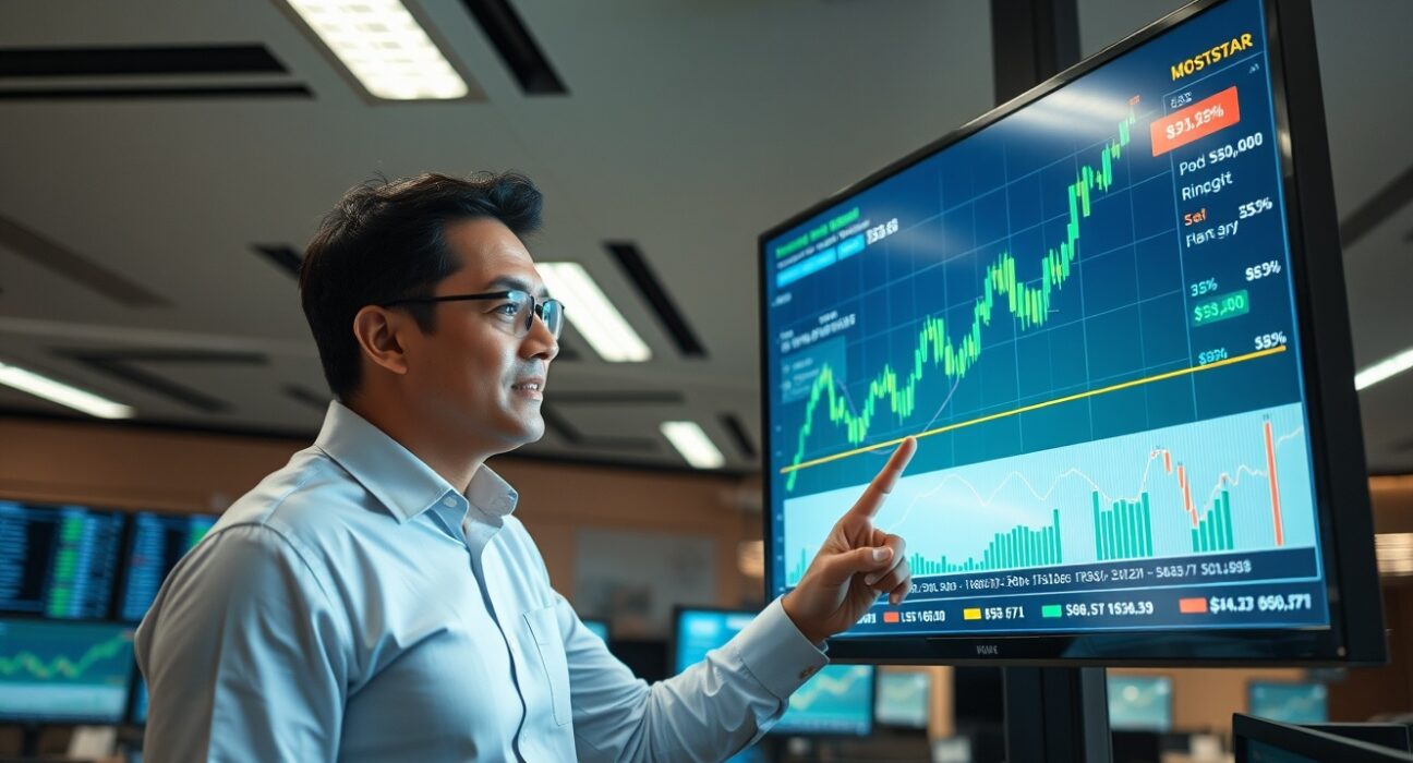 Financial analyst pointing at a screen showing the Malaysian ringgit appreciating against the US dollar on a trading chart.