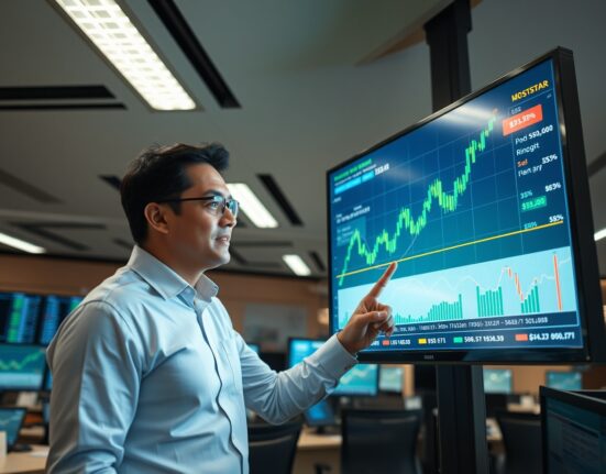 Financial analyst pointing at a screen showing the Malaysian ringgit appreciating against the US dollar on a trading chart.