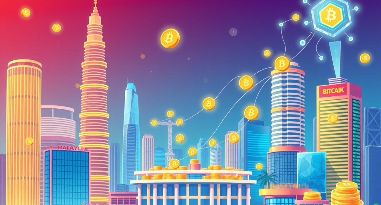Illustration of a revolutionary ringgit-backed stablecoin bridging traditional finance and blockchain technology in Malaysia.