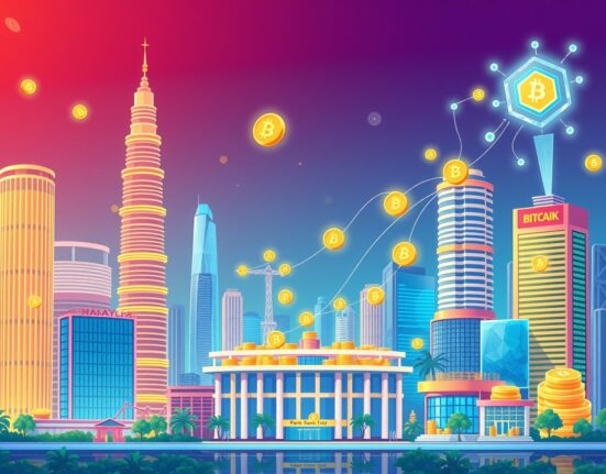 Illustration of a revolutionary ringgit-backed stablecoin bridging traditional finance and blockchain technology in Malaysia.