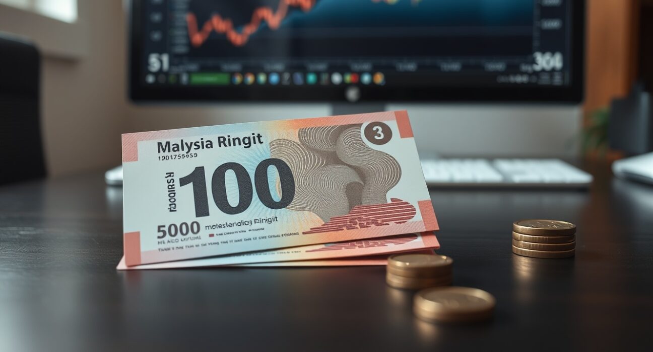 Malaysian Ringgit banknotes on a desk with a financial chart in the background indicating stability.