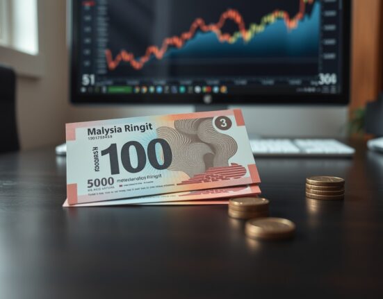 Malaysian Ringgit banknotes on a desk with a financial chart in the background indicating stability.