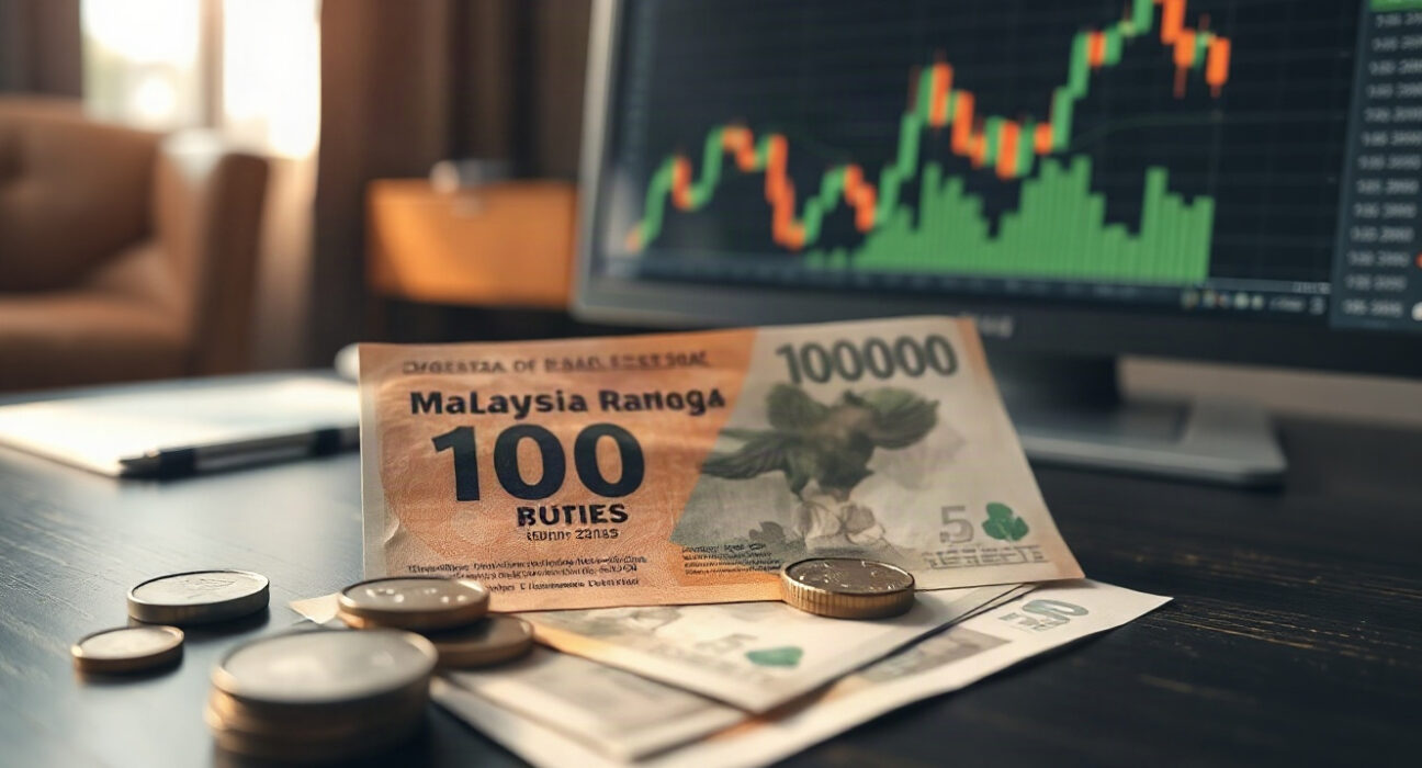 Malaysian Ringgit notes and coins on a desk with a financial chart in the background