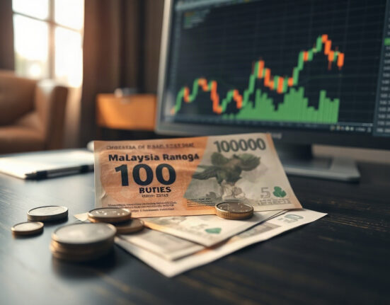 Malaysian Ringgit notes and coins on a desk with a financial chart in the background
