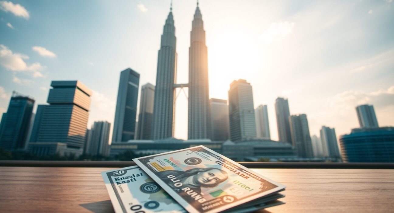 Kuala Lumpur skyline with Petronas Twin Towers at sunset, representing Malaysian economic growth and currency stability.
