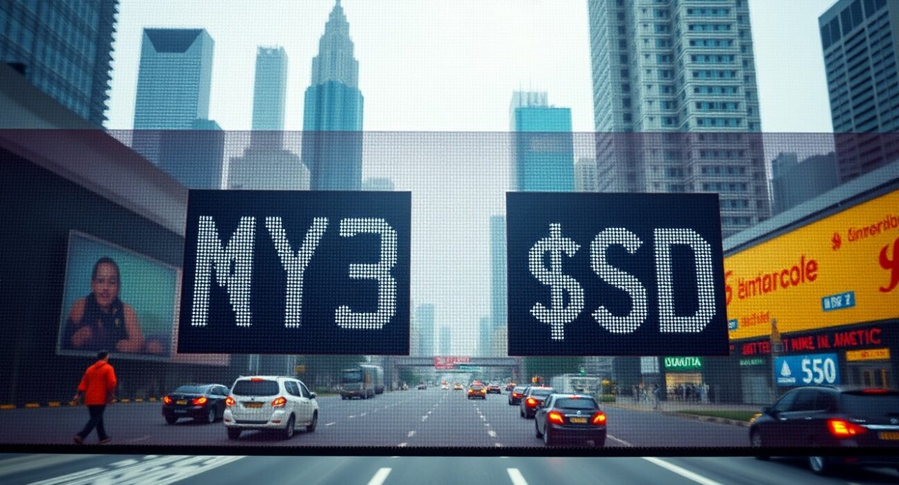 Malaysian Ringgit and US Dollar exchange rate on a financial screen with Kuala Lumpur skyline in background