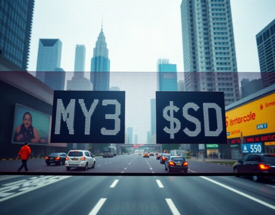 Malaysian Ringgit and US Dollar exchange rate on a financial screen with Kuala Lumpur skyline in background