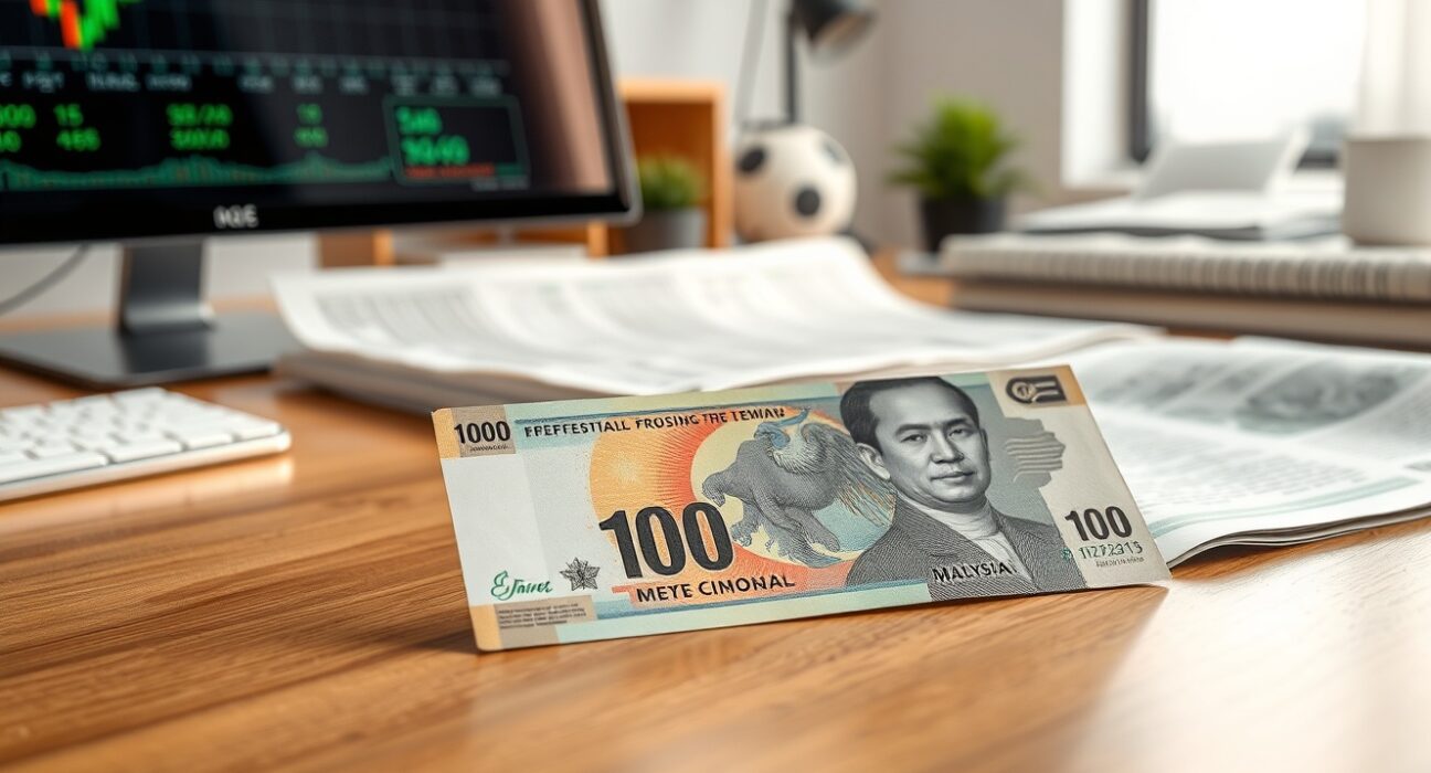 Malaysian Ringgit banknote on desk with financial charts and newspaper in professional setting