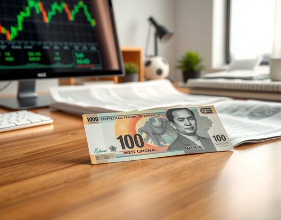 Malaysian Ringgit banknote on desk with financial charts and newspaper in professional setting