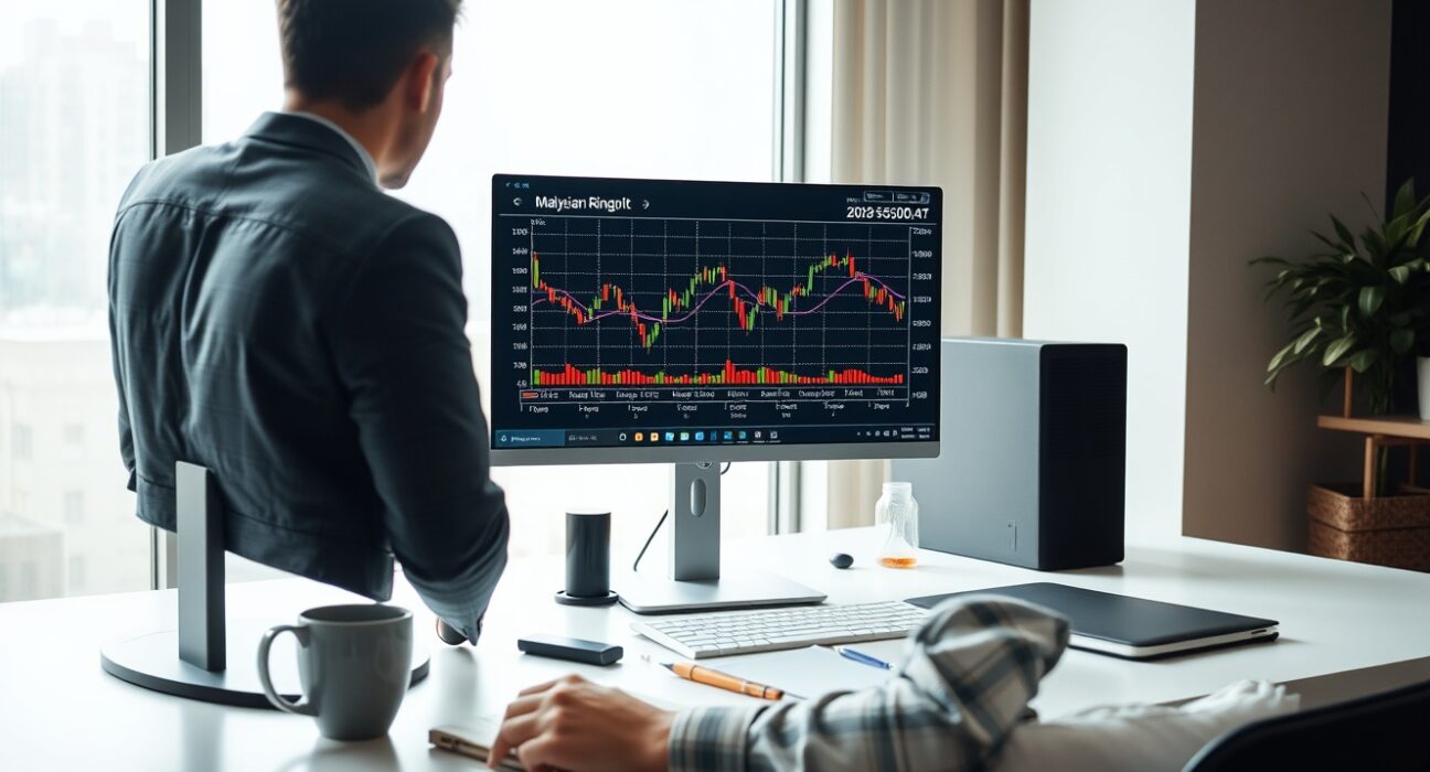 Financial analyst reviewing Malaysian Ringgit exchange rate charts on a computer screen in a modern office.