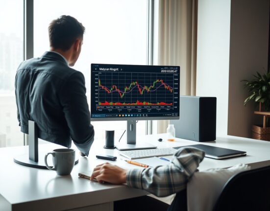 Financial analyst reviewing Malaysian Ringgit exchange rate charts on a computer screen in a modern office.