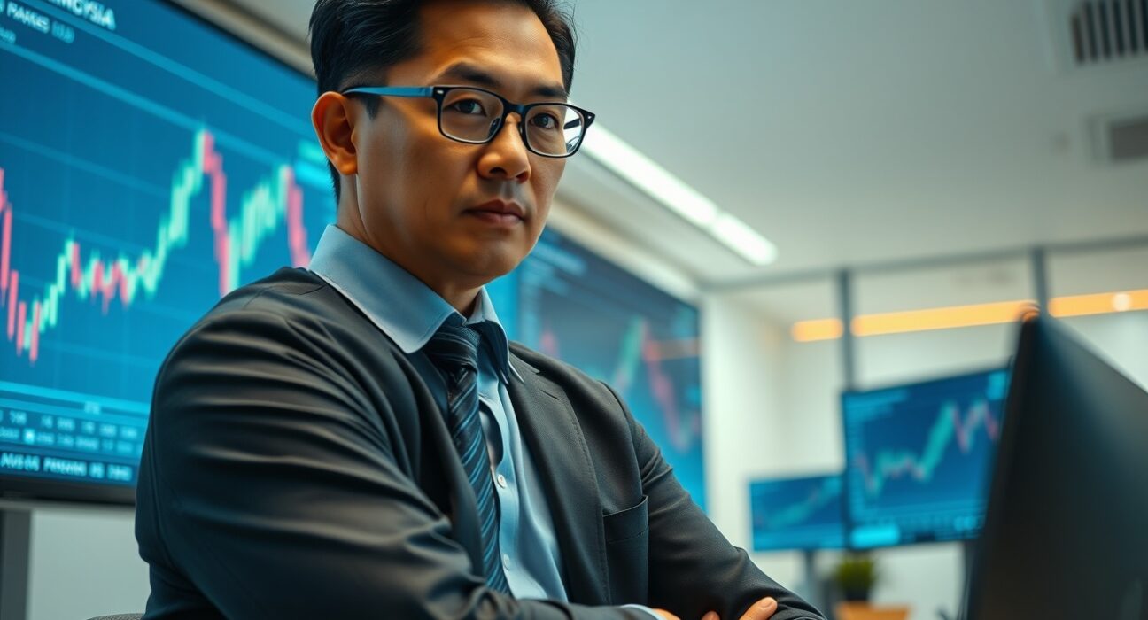 Financial analyst reviewing Malaysian ringgit forex chart on screen