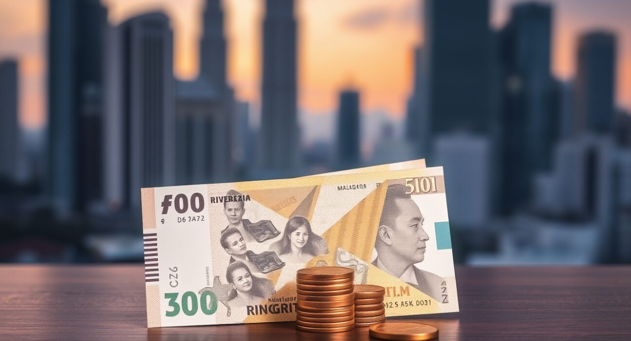 Malaysian ringgit banknotes and coins on a wooden surface with Kuala Lumpur skyline in background.