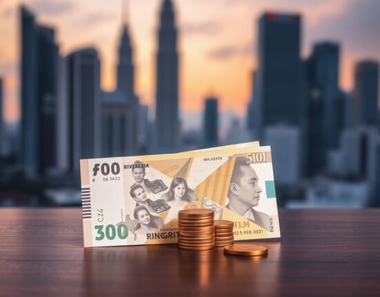 Malaysian ringgit banknotes and coins on a wooden surface with Kuala Lumpur skyline in background.