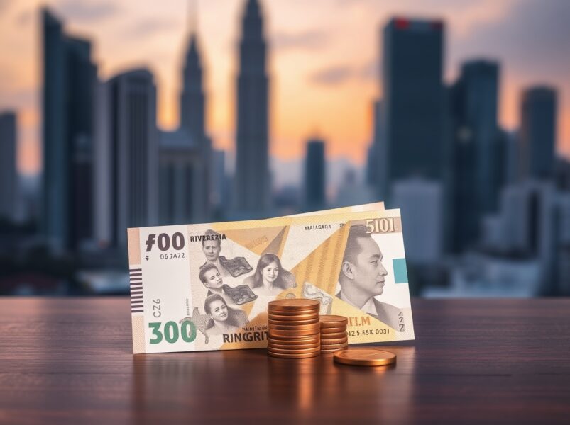 Malaysian ringgit banknotes and coins on a wooden surface with Kuala Lumpur skyline in background.