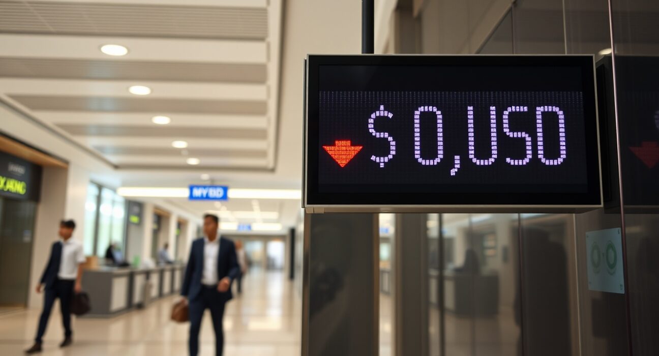 Currency exchange board showing Malaysian Ringgit under pressure against US Dollar in a bank lobby.