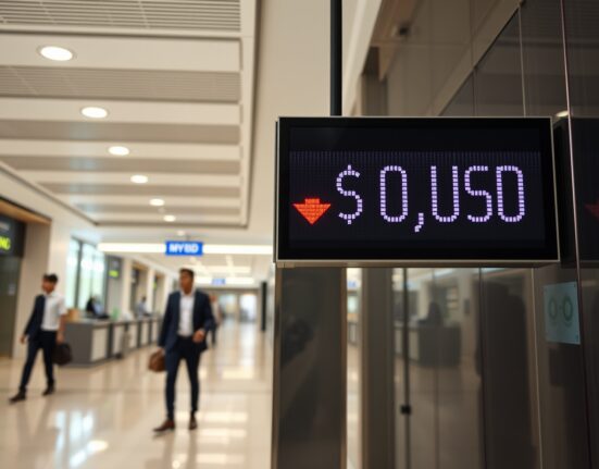 Currency exchange board showing Malaysian Ringgit under pressure against US Dollar in a bank lobby.