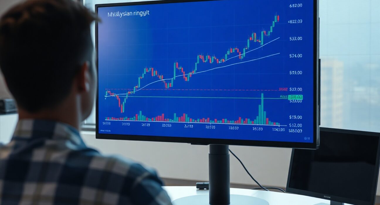 Financial analyst monitors range-bound Malaysian ringgit vs US dollar chart on screen