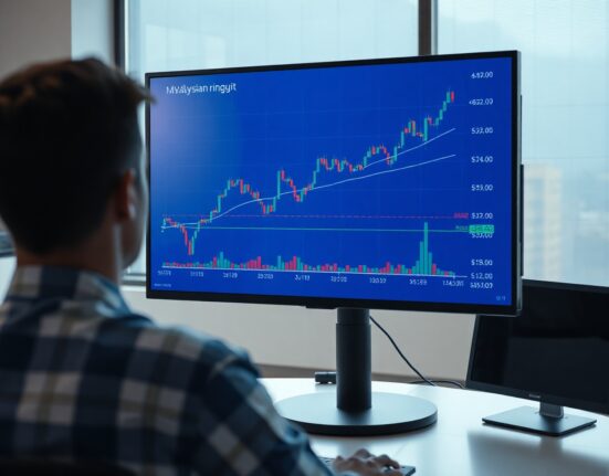 Financial analyst monitors range-bound Malaysian ringgit vs US dollar chart on screen