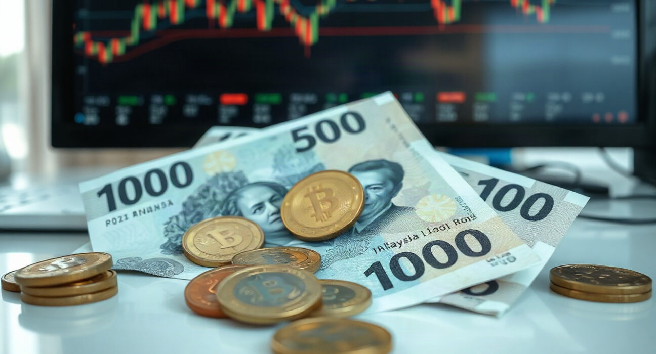 Malaysian ringgit banknotes and coins on a desk with a financial chart in the background.