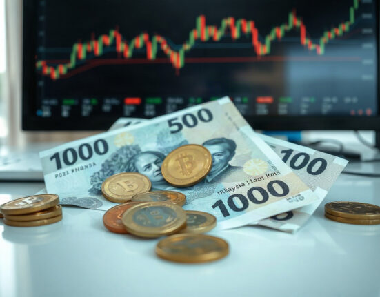 Malaysian ringgit banknotes and coins on a desk with a financial chart in the background.