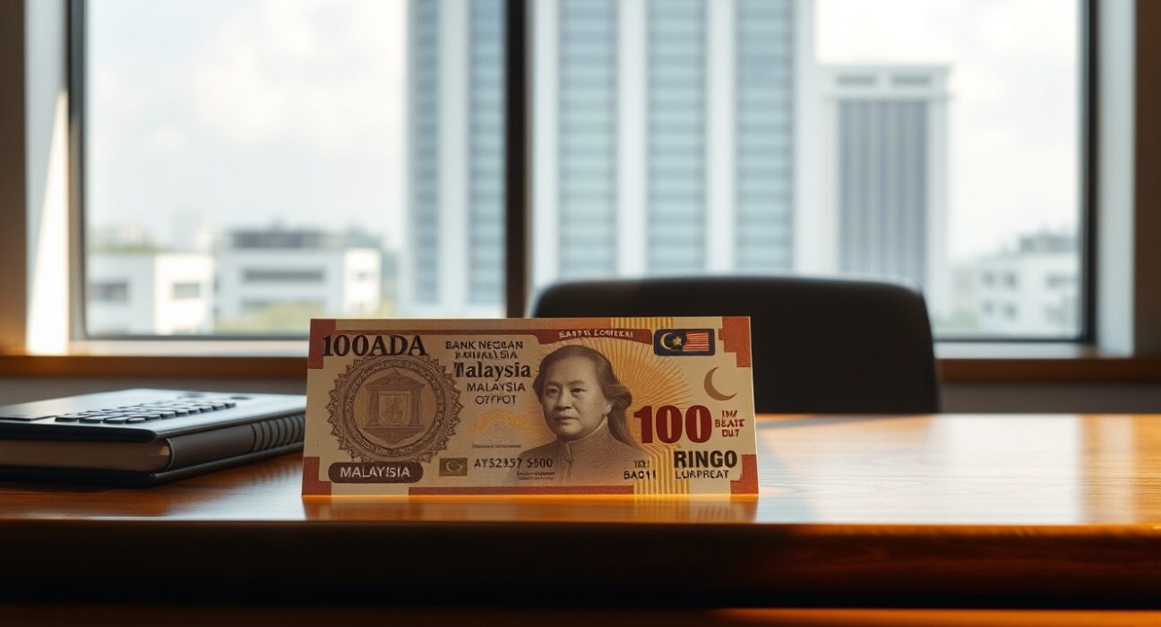 Malaysian Ringgit banknote on a desk with BNM headquarters in background