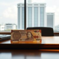 Malaysian Ringgit banknote on a desk with BNM headquarters in background