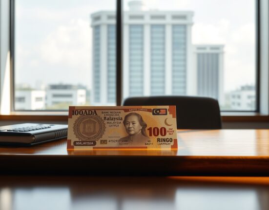 Malaysian Ringgit banknote on a desk with BNM headquarters in background