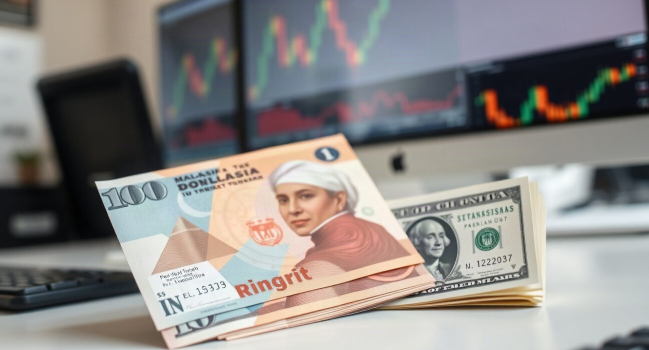 Malaysian ringgit and US dollar banknotes on a desk with a financial chart in the background