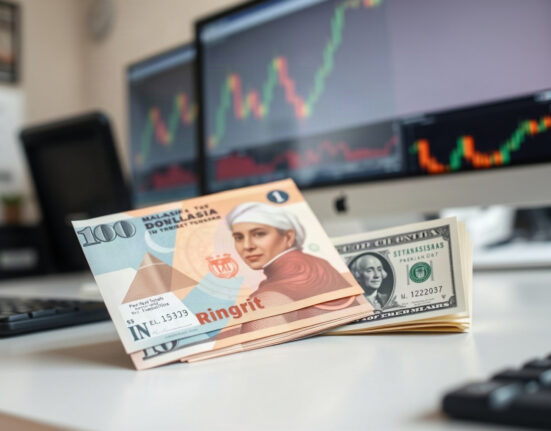 Malaysian ringgit and US dollar banknotes on a desk with a financial chart in the background
