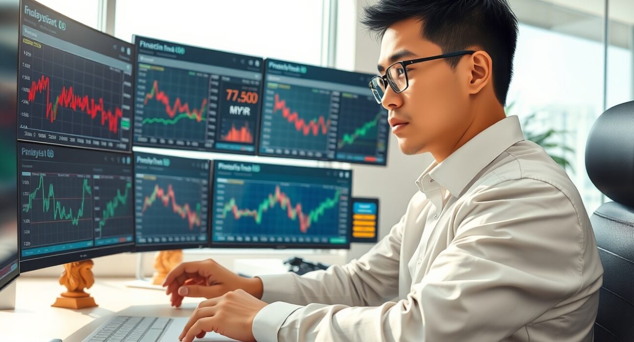 Financial analyst monitoring Malaysian Ringgit exchange rate data and economic indicators in professional setting