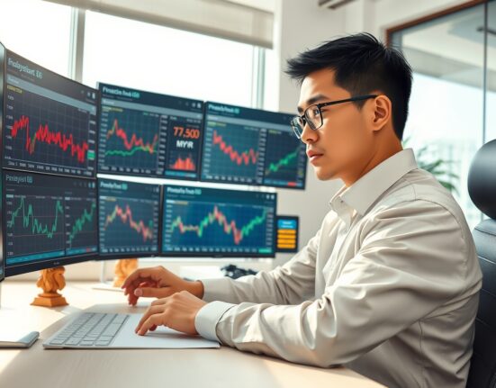 Financial analyst monitoring Malaysian Ringgit exchange rate data and economic indicators in professional setting