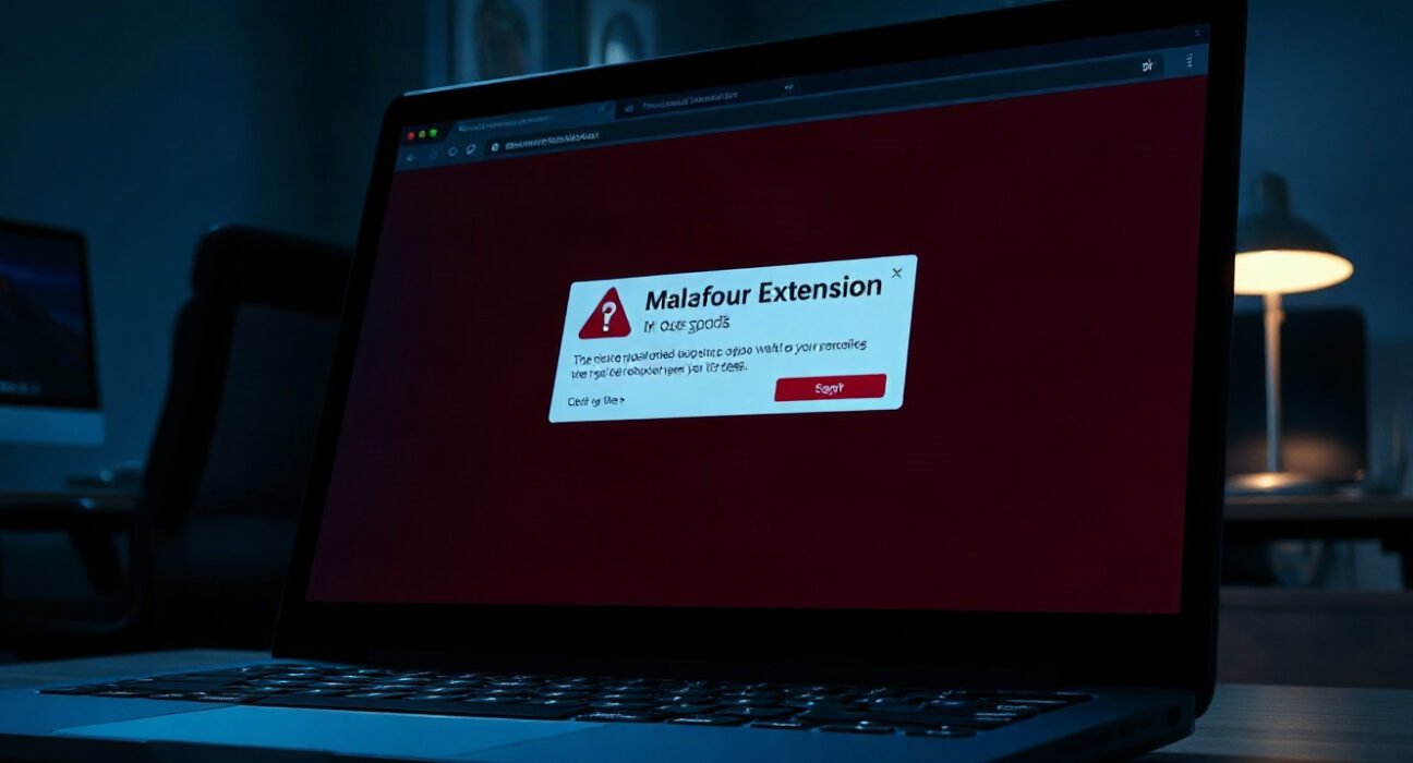 Warning alert on a laptop screen about a malicious browser extension stealing crypto wallet data