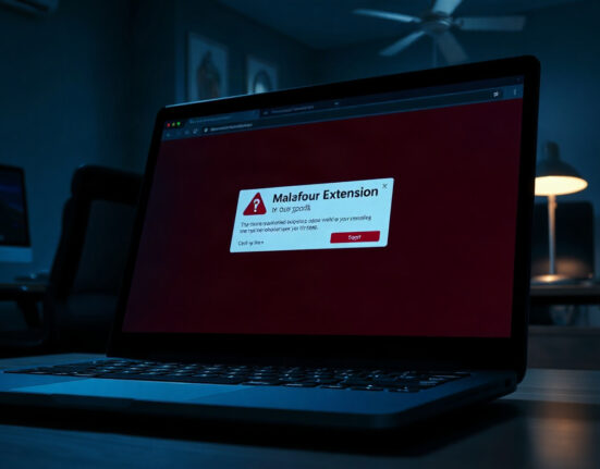 Warning alert on a laptop screen about a malicious browser extension stealing crypto wallet data
