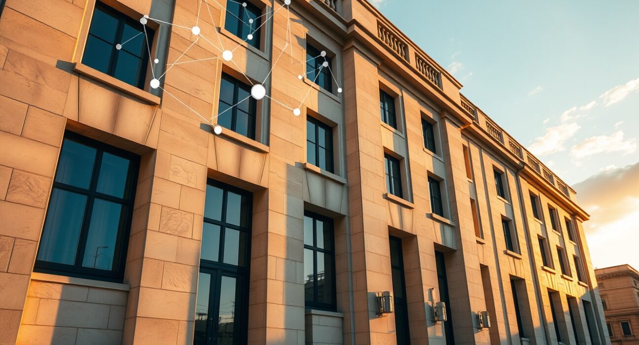 Government building in Malta with digital blockchain symbols representing DeFi regulation discussions