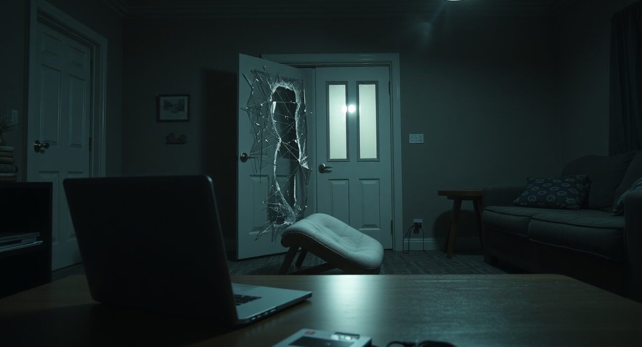 Nighttime scene of a home after a break-in with a hardware wallet on a table, representing a crypto theft incident.