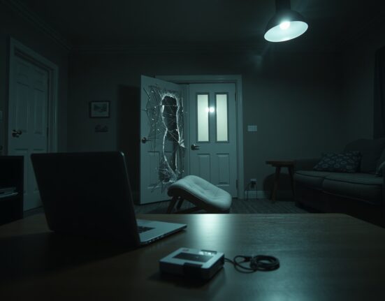 Nighttime scene of a home after a break-in with a hardware wallet on a table, representing a crypto theft incident.