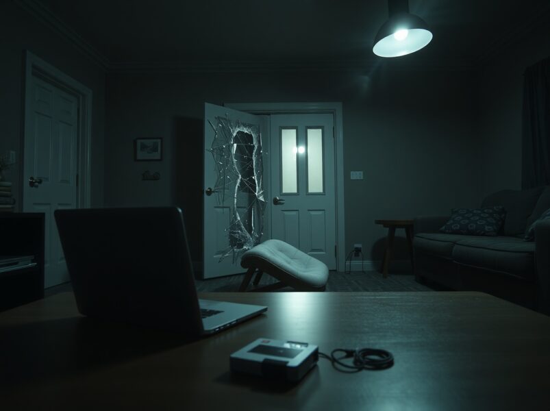 Nighttime scene of a home after a break-in with a hardware wallet on a table, representing a crypto theft incident.