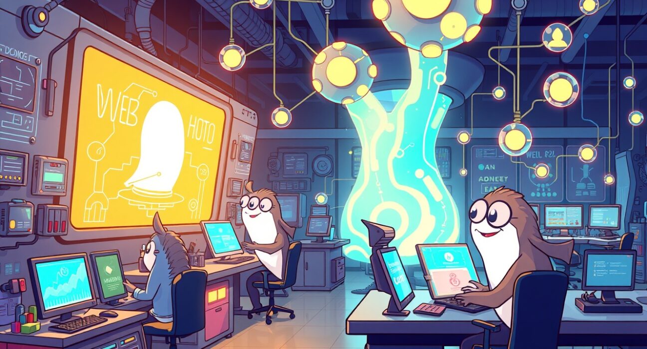 A cartoon illustration depicting the Manta Labs incubator as a hub of innovation, fostering new Web3 projects.