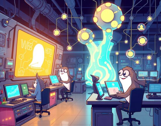 A cartoon illustration depicting the Manta Labs incubator as a hub of innovation, fostering new Web3 projects.