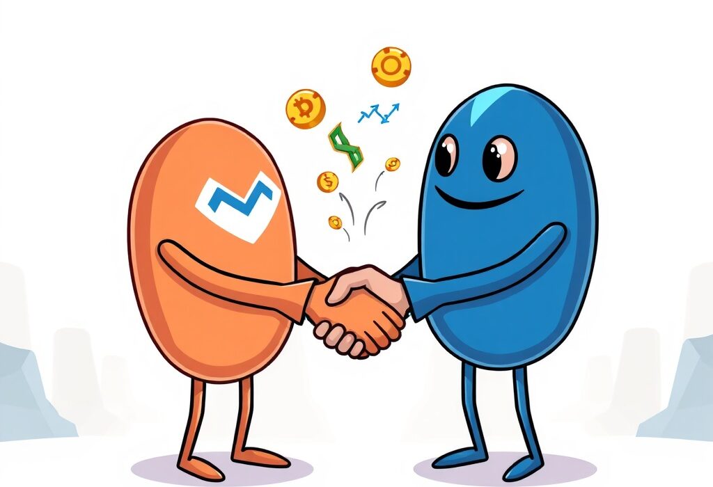 Cartoon illustration showing Manta Network and Wintermute collaborating to enhance crypto liquidity within the digital asset space.