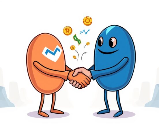 Cartoon illustration showing Manta Network and Wintermute collaborating to enhance crypto liquidity within the digital asset space.