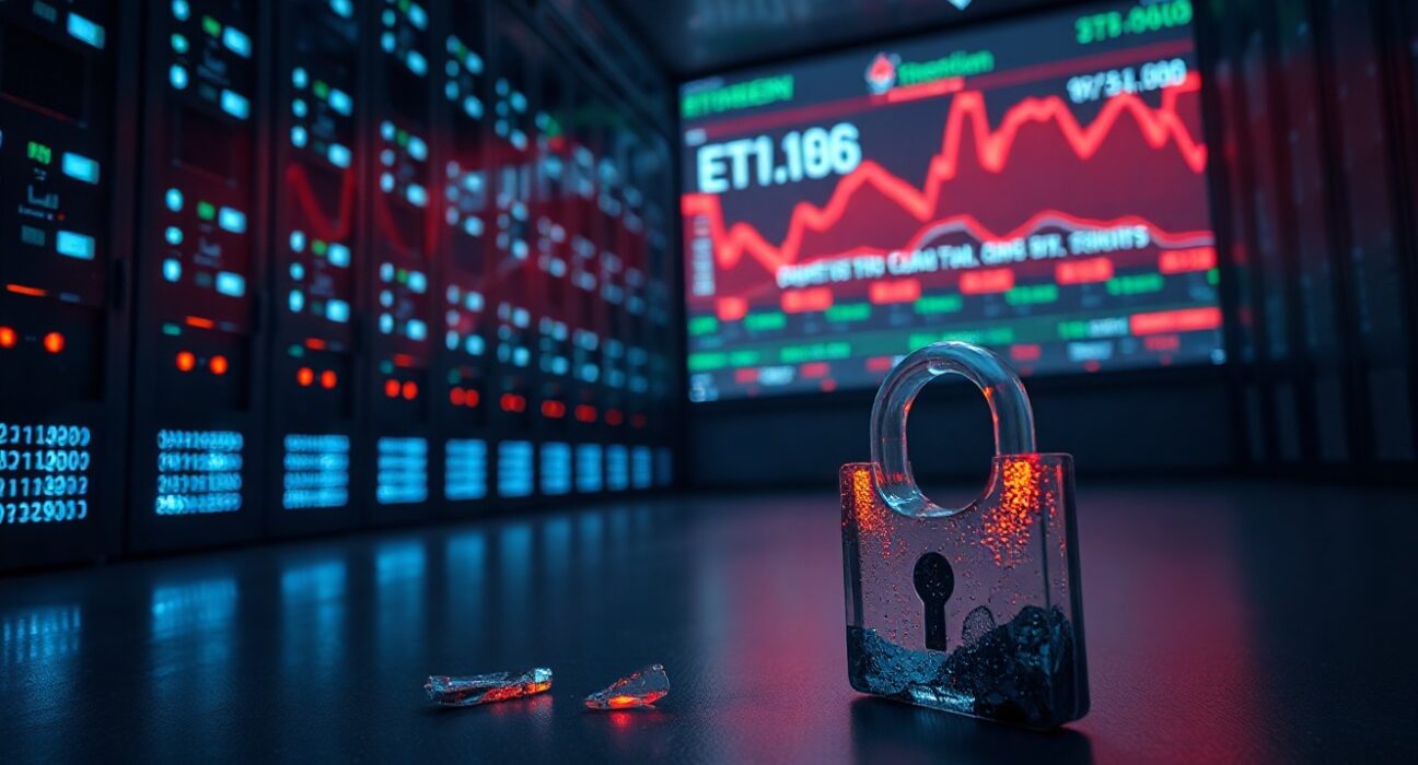 Shattered digital lock in front of glowing server racks with blockchain data on a screen, representing a DeFi hack and liquidity crisis.