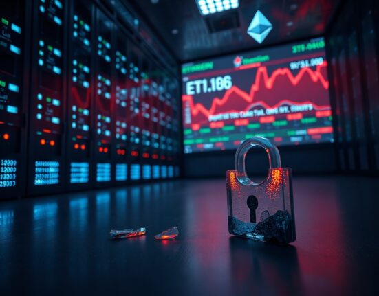Shattered digital lock in front of glowing server racks with blockchain data on a screen, representing a DeFi hack and liquidity crisis.