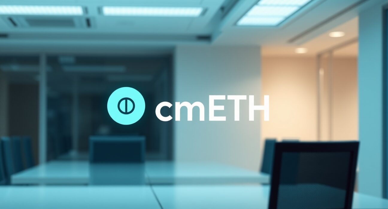 Digital interface showing cmETH token suspension status with blockchain network background