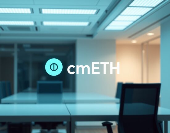 Digital interface showing cmETH token suspension status with blockchain network background