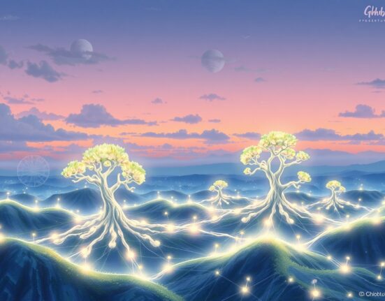 An artistic representation of the Mantle blockchain's layered technology and future growth potential.