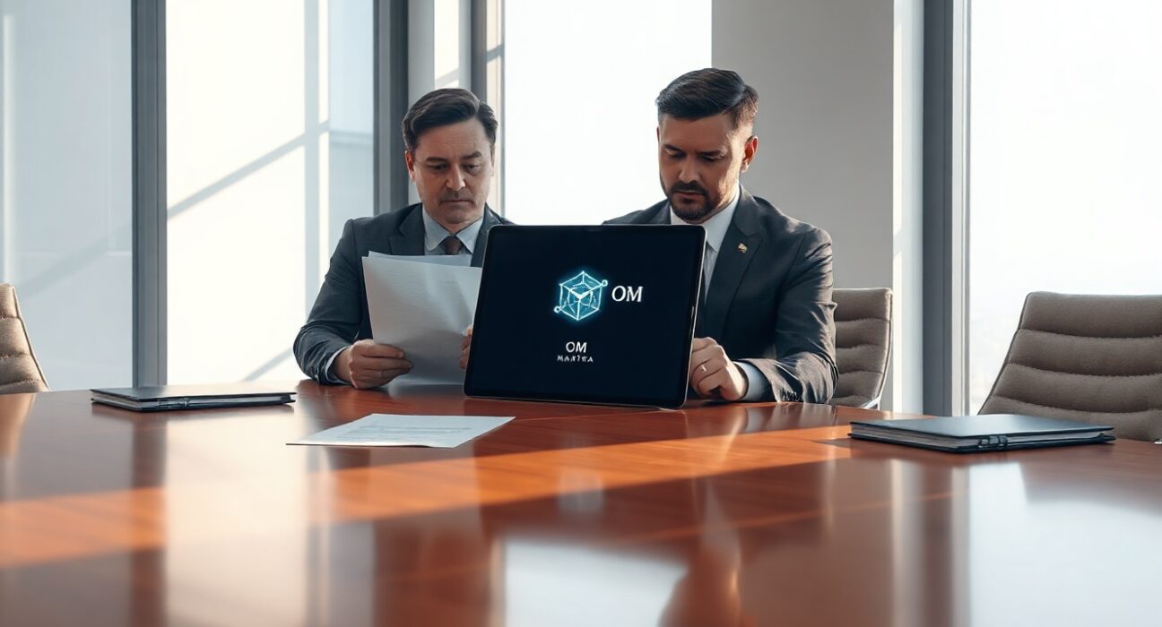 Boardroom meeting with professionals reviewing documents and a tablet showing a blockchain network.