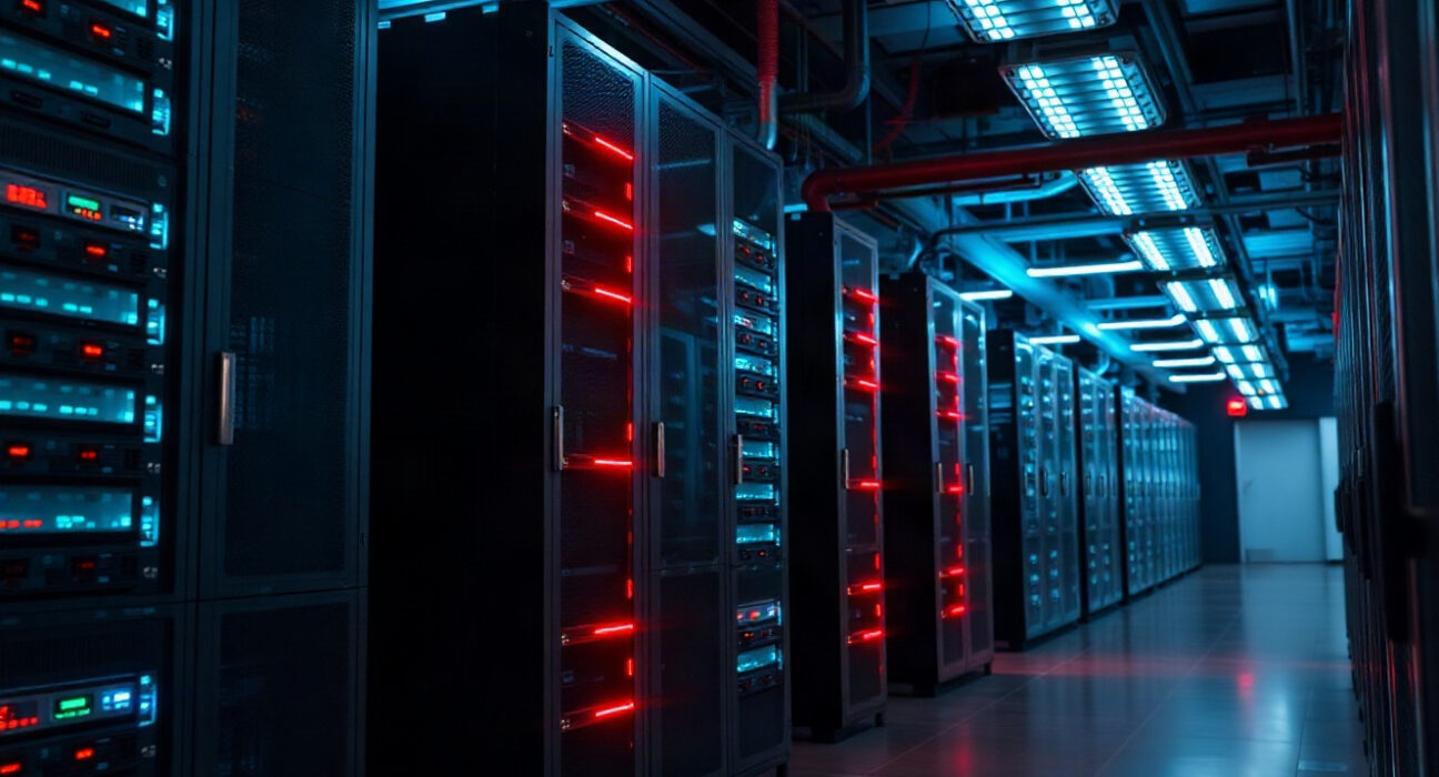 Data center servers with warning lights indicating a network outage at MANTRA blockchain